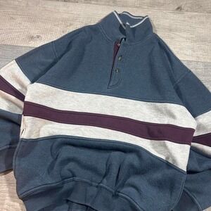 Vintage Y2K, blue white and red striped Henley, crewneck sweatshirt